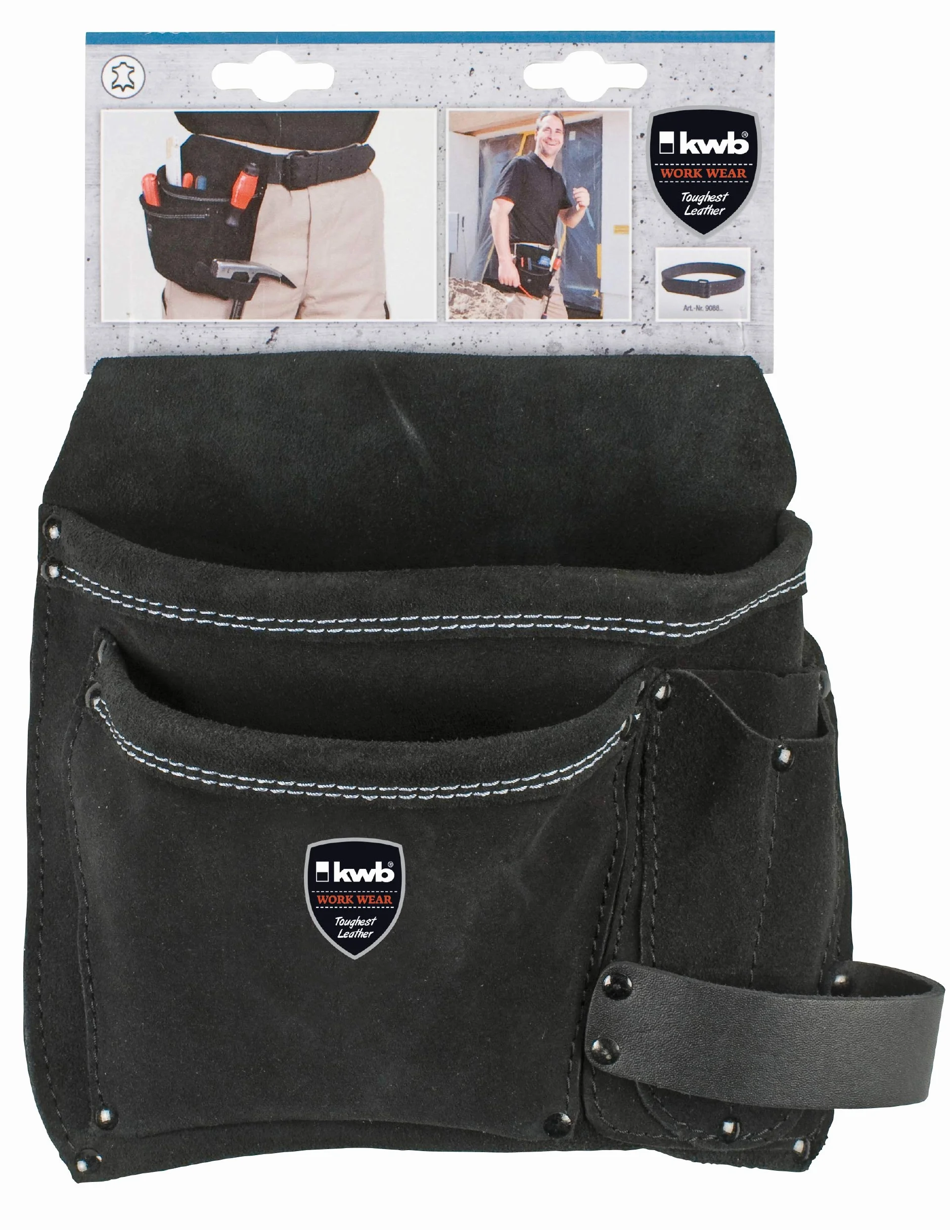 kwb Werkzeug-Gürteltasche aus robustem Rindsspaltleder - Praktischer Werkzeughalter mit großen und kleinen Taschen - Doppelte Nahtreihe mit Nieten für zusätzliche Sicherheit