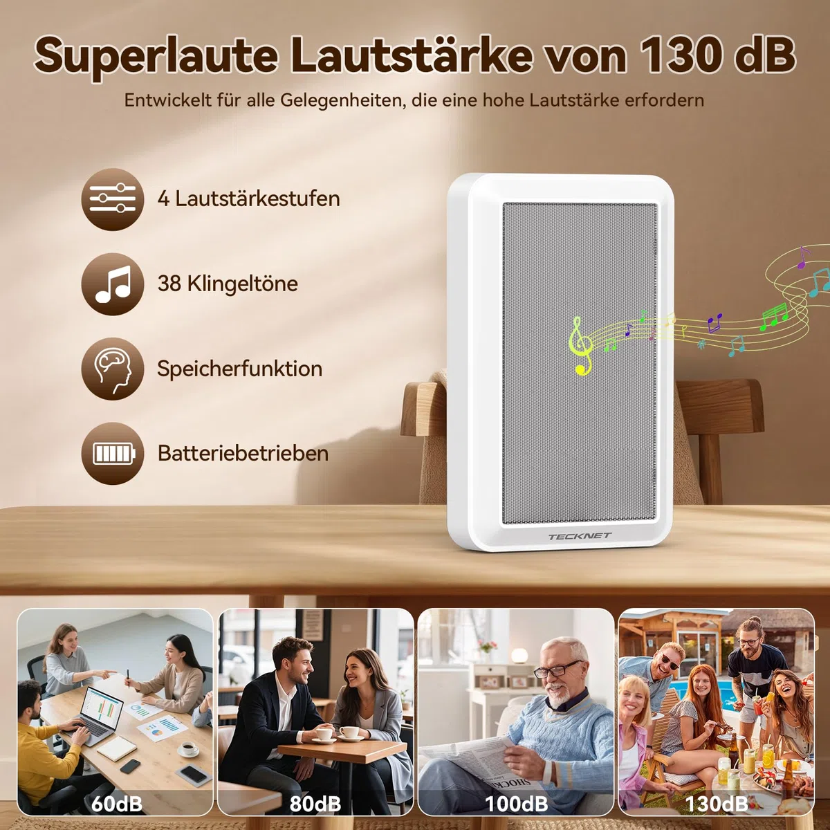TECKNET Funkklingel Batteriebetrieben, 130 dB Laut Kabellose Türklingel, IP65 Wasserdicht Haustür Klingel Set mit 400 m Reichweite, 38 Melodien auf 4 Stufen Volumes für Hörgeschädigte oder Senioren