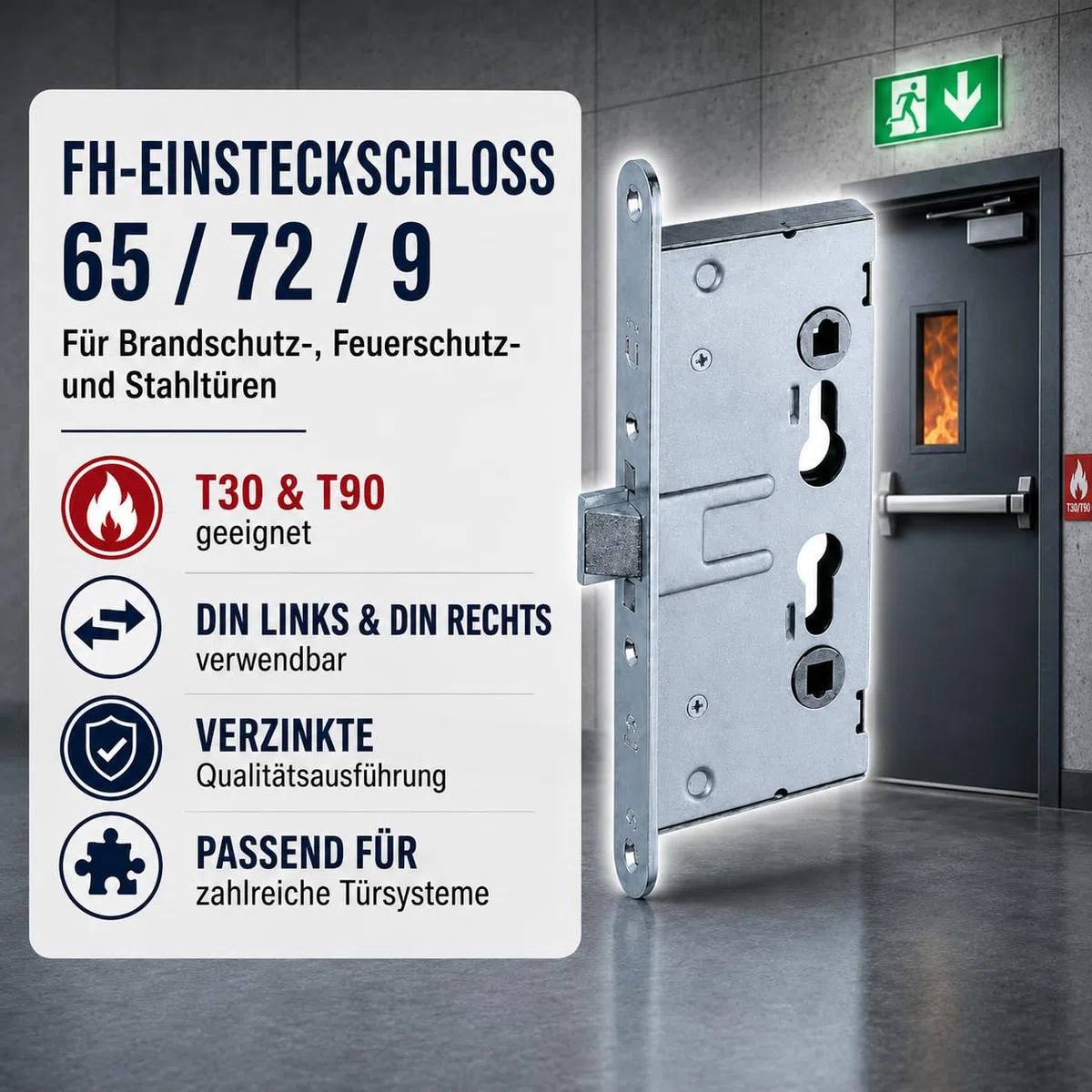FH-Einsteckschloss 65/72/9 für Brandschutz- & Stahltüren, T30/T90, DIN links/rechts, Dornmaß 65 mm, Entfernung 72 mm, Vierkant 9 mm, Stulp 24 x 235 mm, verzinkt - Hersteller ISEO
