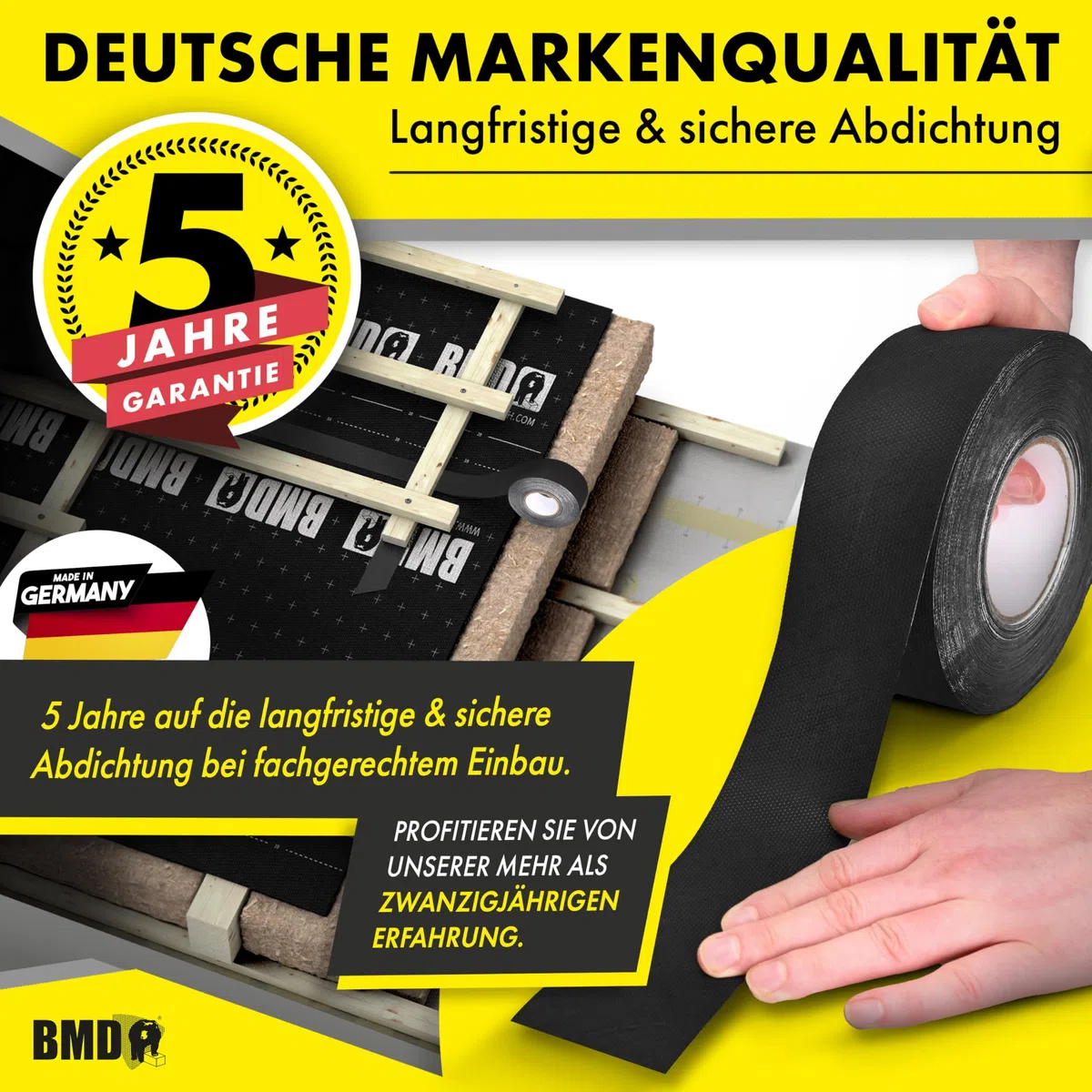 BMD Black Klebeband | 60mm x 25m | UV-Beständig | schwarz | für Unterspannbahn & Fassadenbahnen | Profiqualität Made in Germany