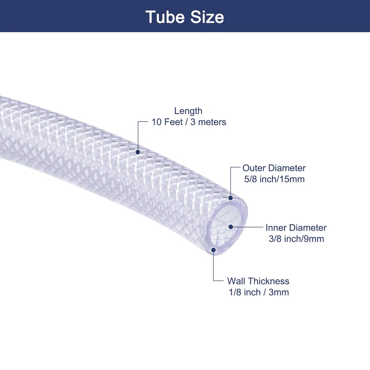 sourcing map Gewebeschlauch PVC Schlauch mit Gewebe 9 x 15mm (3/8" x 5/8") Innen Ø x Außen Ø Geflochtene Verstärkte Rohr 3 Meter Rolle Transparent Hochdruck Druckluftschlauch Wasserschlauch