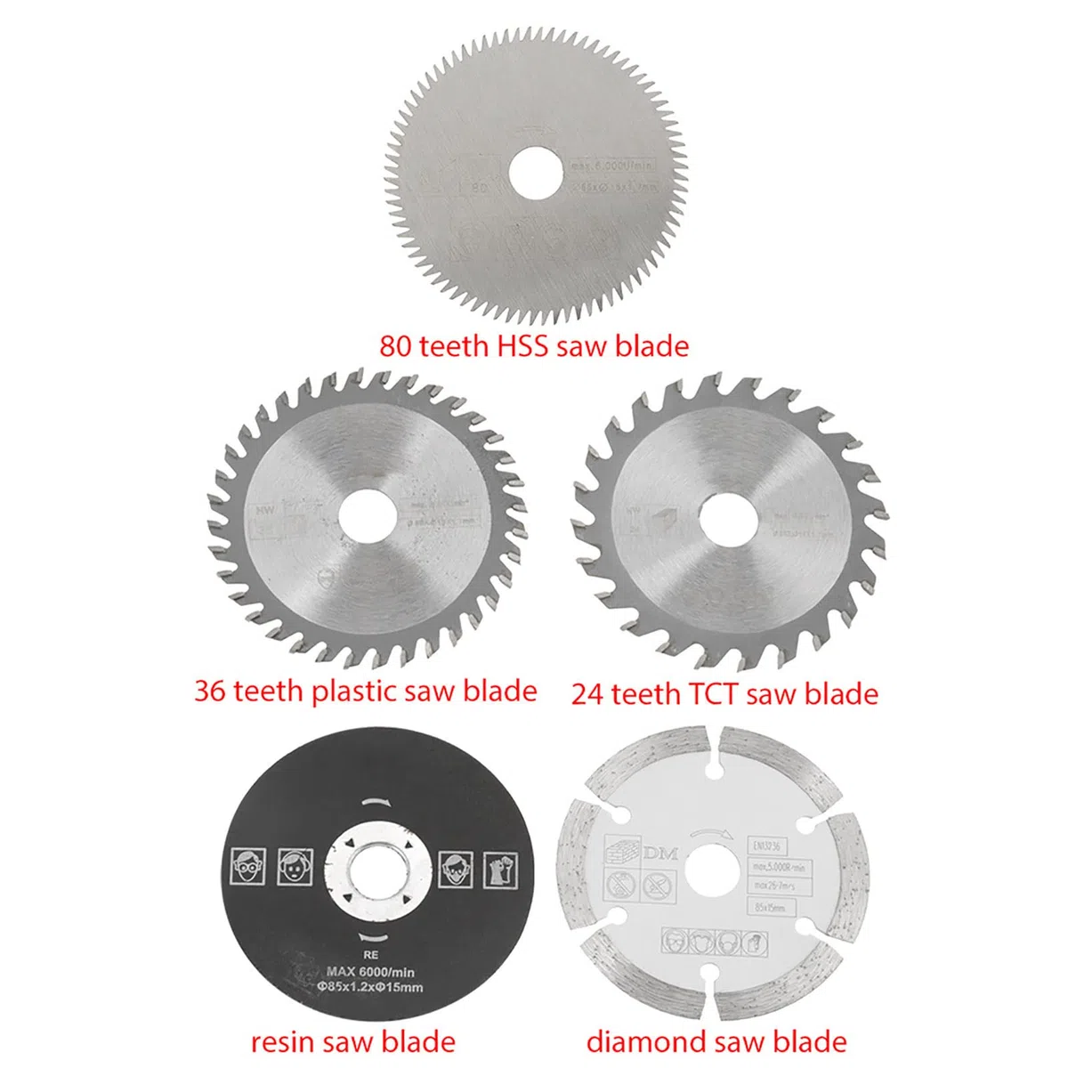5 Stück 85 mm Hartmetall Sägeblatt, Innendurchmesser 15 mm Mini Hartmetall Kreissägeblatt für Schneidwerkzeug für Schneidwerkzeuge, 24 Zähne TCT, 36 Zähne Kunststoff, 80 Zähne HSS, Diamant, Harz