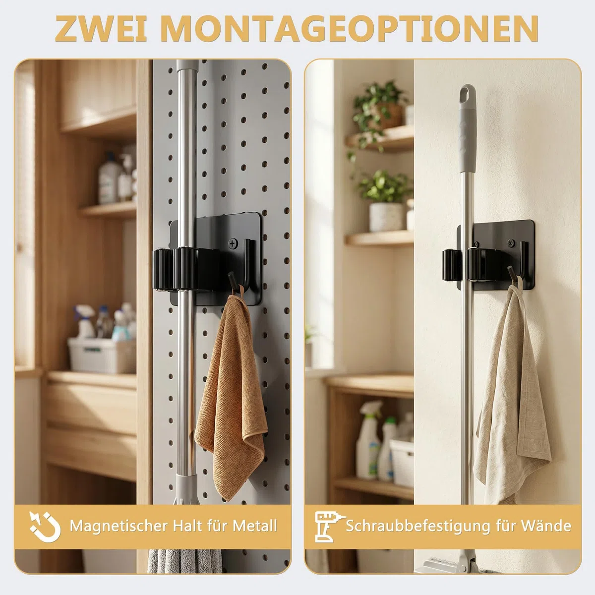 LIHAO Besenhalter, 4 Stück Edelstahl Besenhalterung Wand, Magnetischer Wandhalterung Besen Gerätehalter mit Haken für Garten, Keller & Haushalt - Schwarz