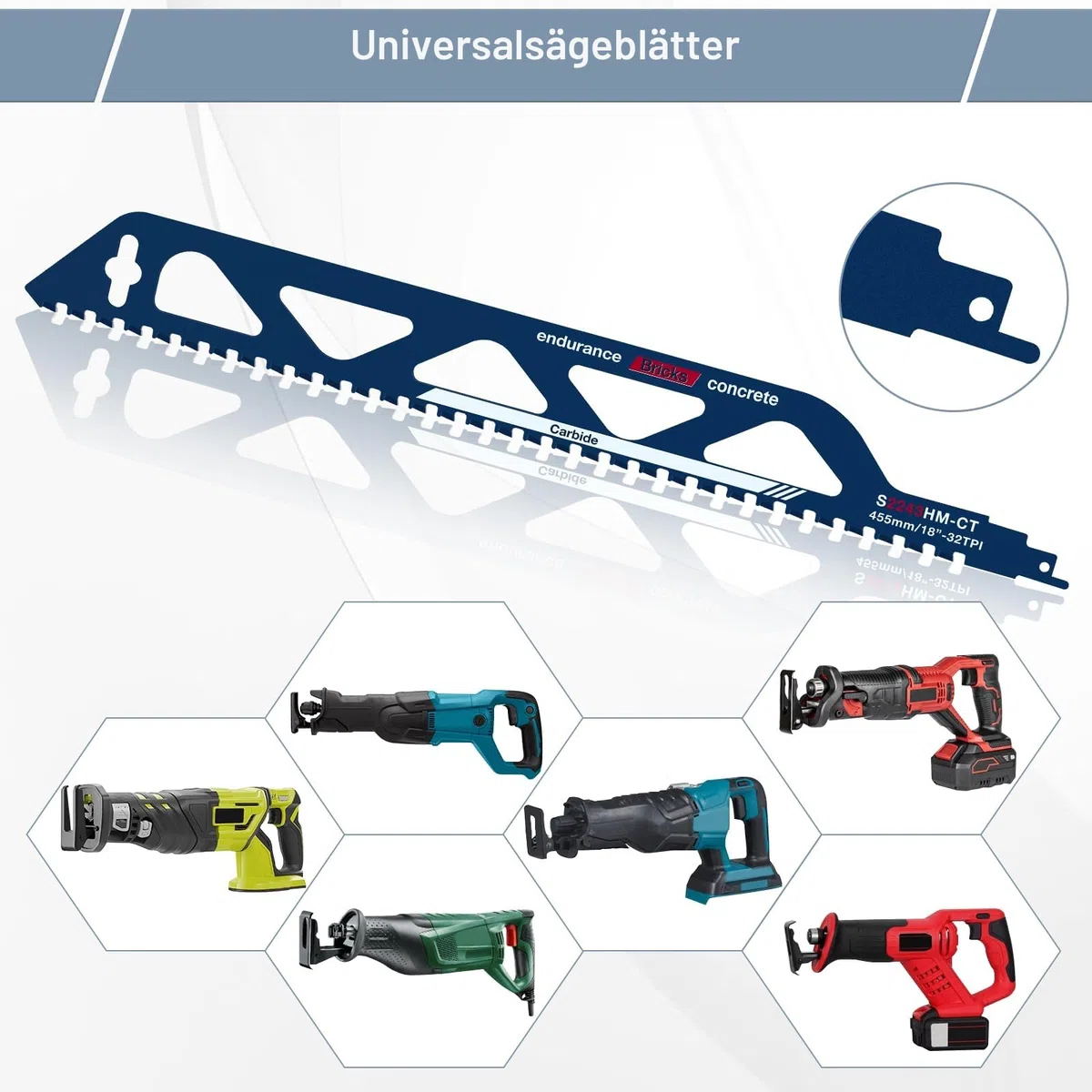 Säbelsägeblätter, Sägeblätter Säbelsäge, Säbelsägeblatt Hartmetall, Säbelsägeblatt Stein, für Porenbeton, holz, metall, Ziegel, Beton, Kompatibel mit Einhell, Bosch, Makita, Dewalt, 455mm