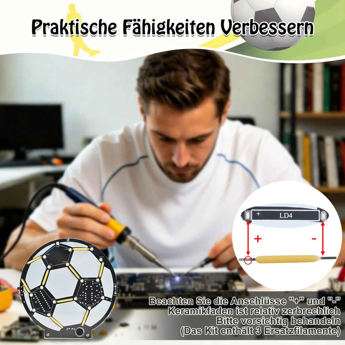 Fußball Lötbausatz LED Lampe, DIY MINT Lernset Elektronik Bausatz für Anfänger & Fußballfans, Soundgesteuertes Licht + 5 Modi im Dauerlicht Lötprojekt, Deko Kreatives Lernset