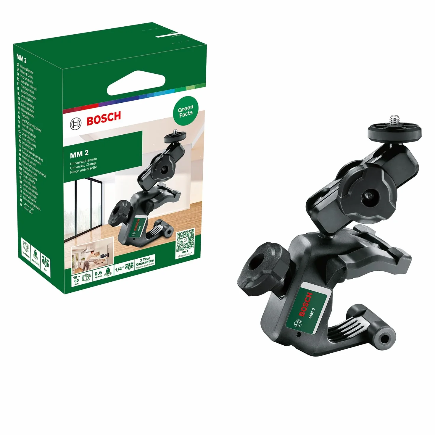 Bosch Universalklemme MM 2 (mit Klemmbereich 10-60 mm und Höhenverstellung 40-95 mm für schnelle und flexible Positionierung von Kreuzlinienlasern, im Karton)