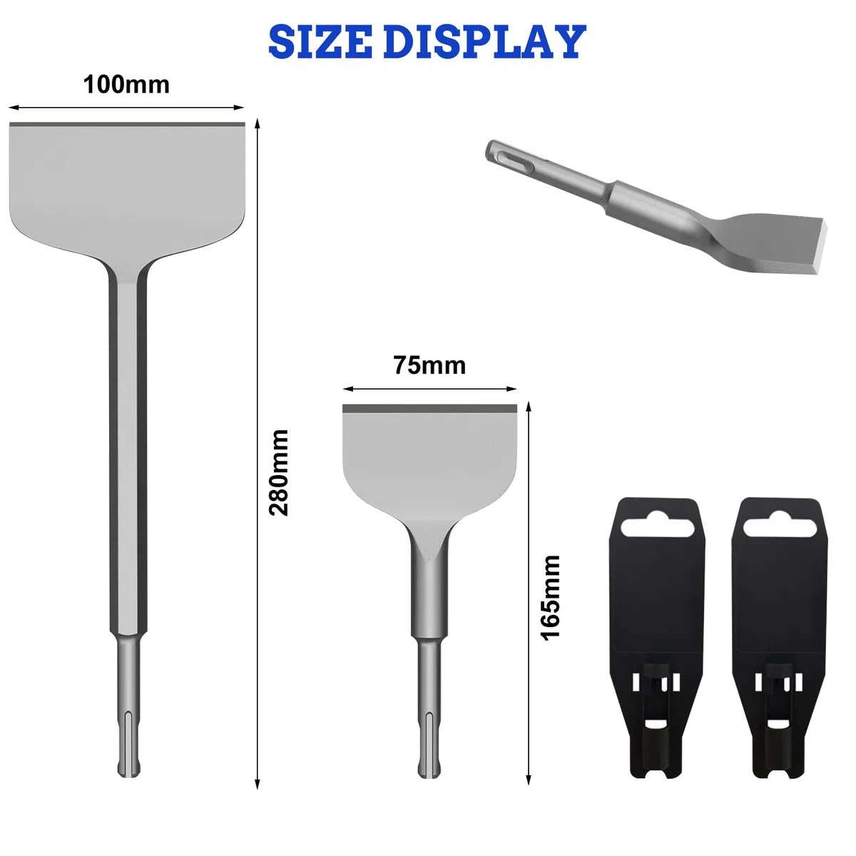 SDS PLUS 2 Stück Meißel-Set, Fliesenmeißel 75 x 165 mm und Flachmeißel 100 x 280 mm, für Fliesen, Fliesenkleber, Beton, Naturstein, Mauerwerk Standardarbeiten Heimwerken usw