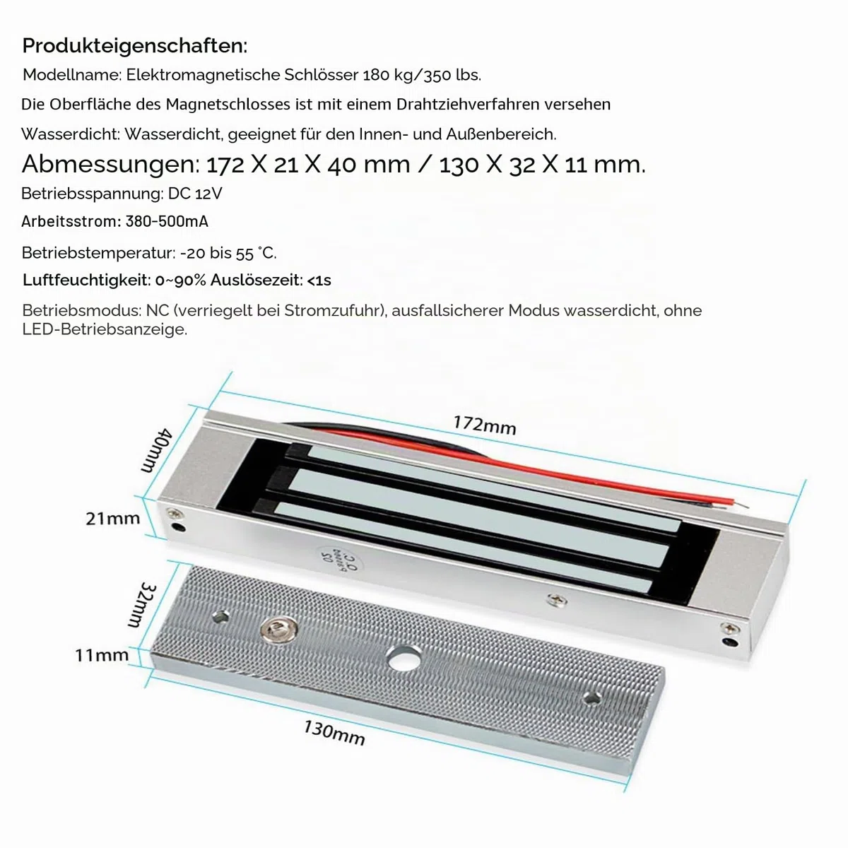 YAVIS Elektromagnetisches Schloss, wasserdicht, DC 12 V, 180 kg, Stärke 350 kg, gebürstete Oberfläche, Modell NC, Halterungen Z & L inklusive, ideal für Zugangskontrollsysteme im Innen- und