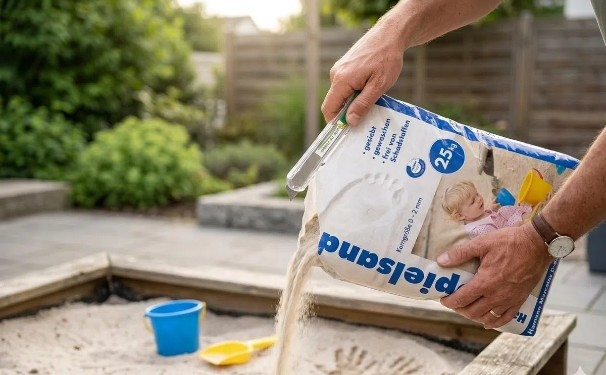 25kg Spielsand Classic inkl. Sacköffner | Schadstofffrei & extra fein (0-2mm) | Premium Sandkastensand | Quarzsand für Sandkasten, Garten & Baustelle | Naturrein & sanft