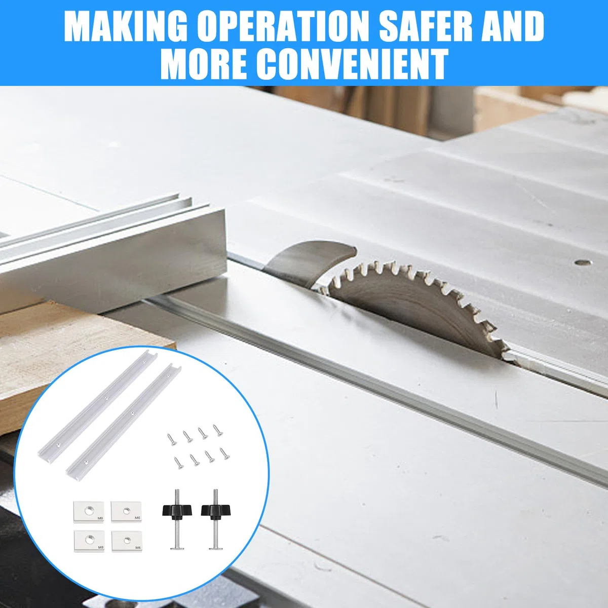 2 Stück 400mm T Nut Schiene aus Aluminiumlegierung, T-Track Gleitschiene mit Schrauben, T Nut Gleitschiene Gehrungsschiene Set für Holzbearbeitung, Enthält 2 M8 Griff 2 M6 und 2 M8 Gleitblock