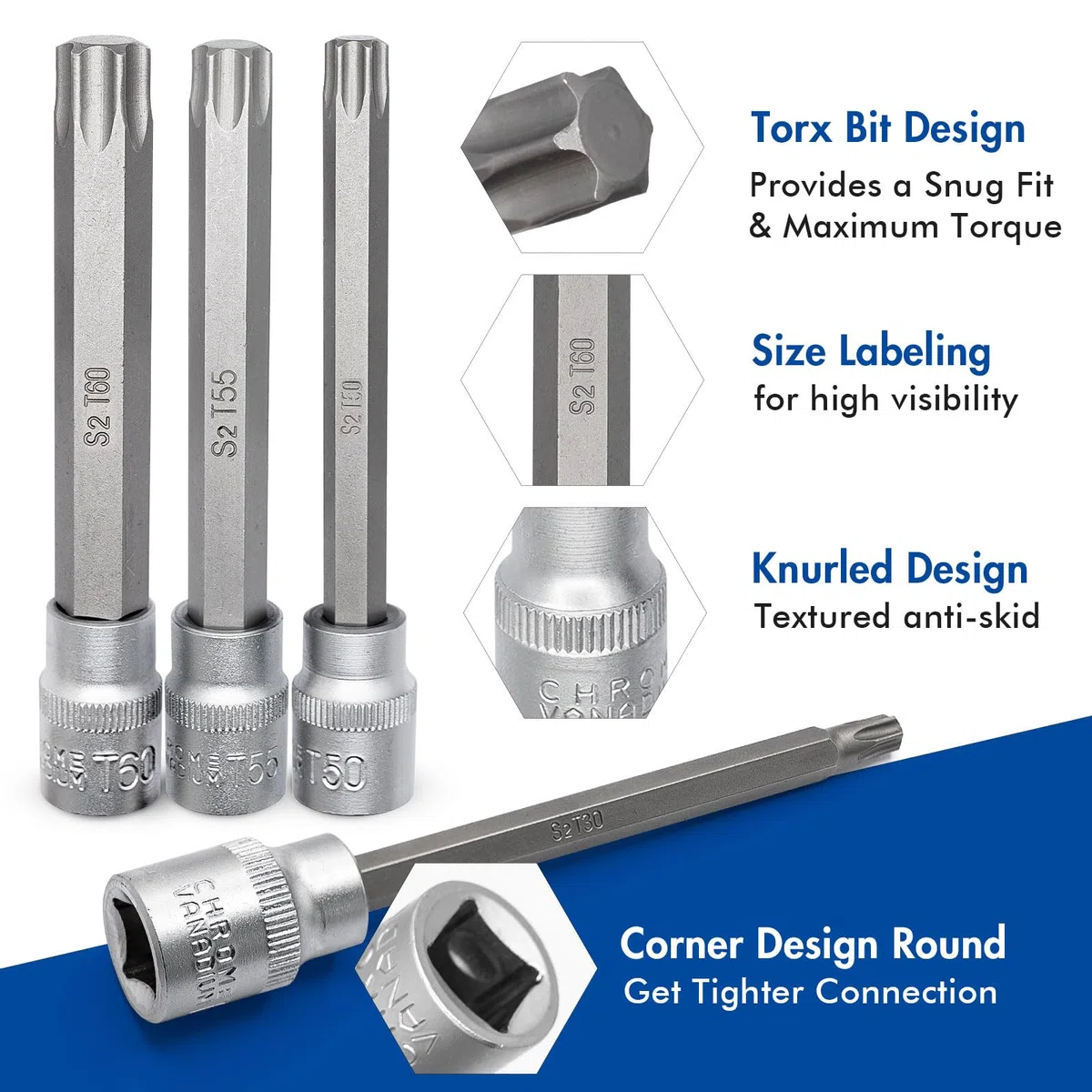 DAKCOS 7tlg langes Torx Bit Steckschlüsselsatz 3/8", Torx Bit Socket Set T25 T30 T40 T45 T50 T55 T60