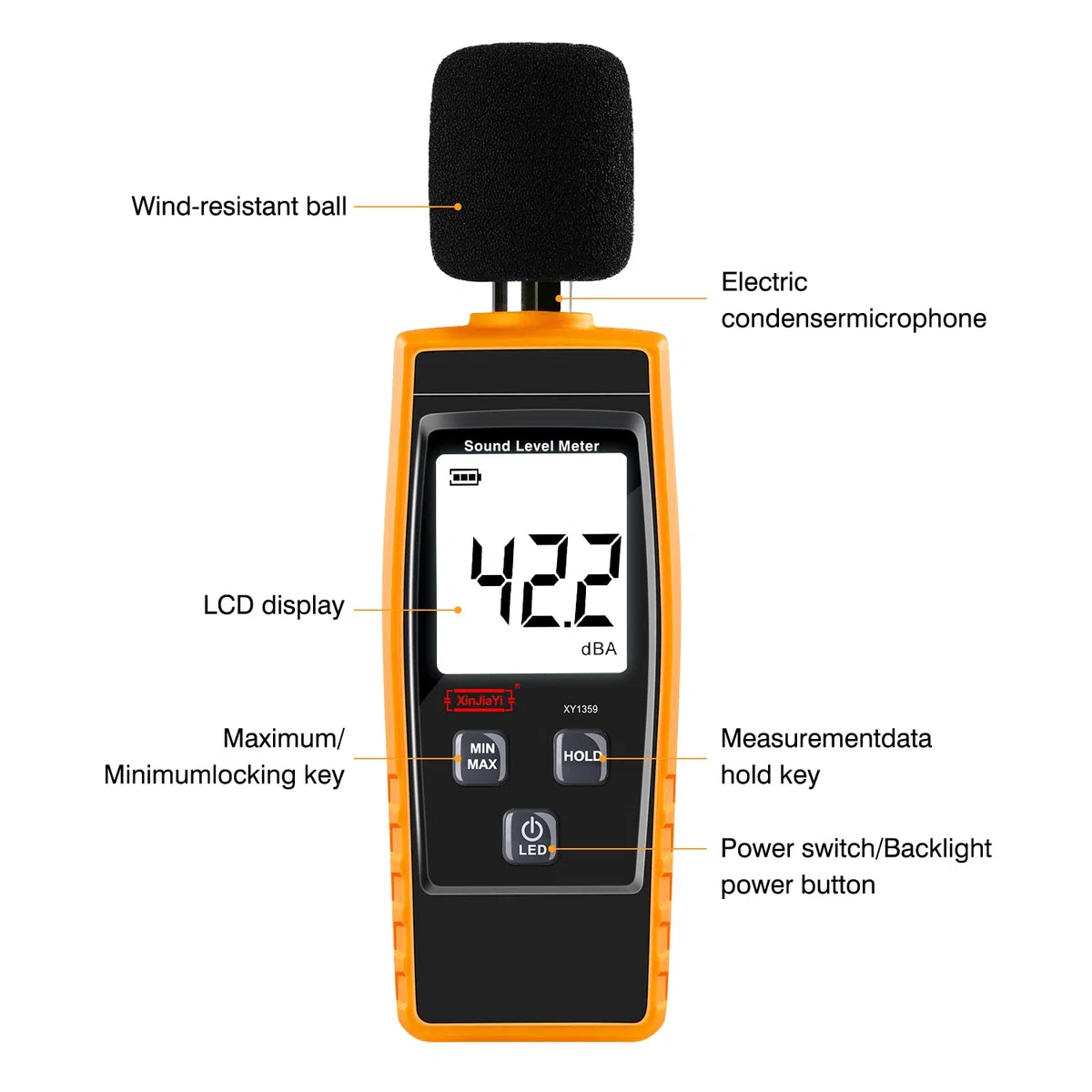 Dezibel Messgerät, Tragbares db Messgerät (Schallpegelmessgerät), digitales Geräuschmessgerät, Bereich 30-130 dB(A) dB-Messgerät, Geräuschpegel-Soundmonitortester Gelb
