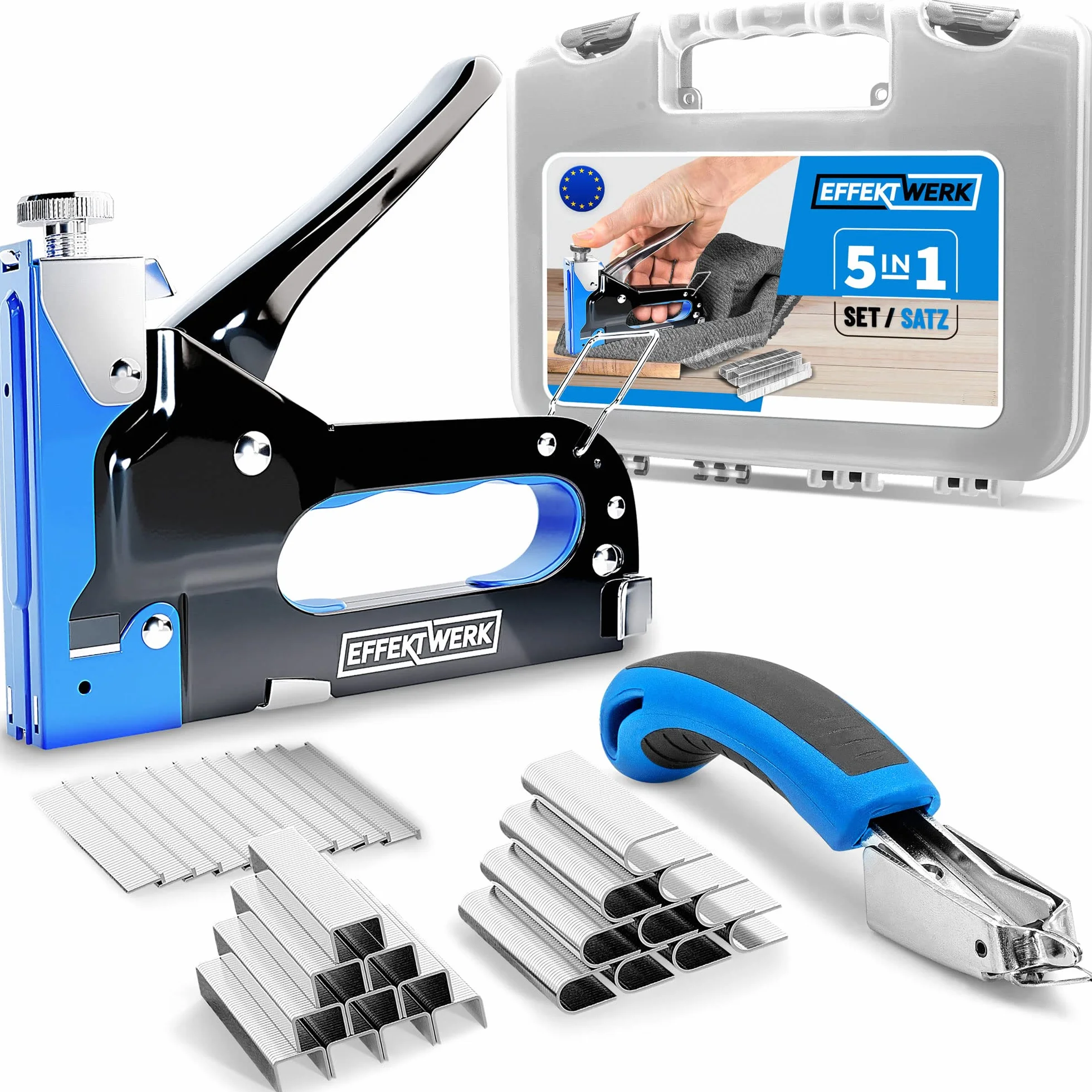 Tacker für Holz - Handtacker - 5 in 1 Tacker Set - Schwerlast Tacker mit 1500 Klammern und Klammerentferner - für Holz, Stoff, Drahtgeflecht - Bau, Handwerk, Polsterarbeiten
