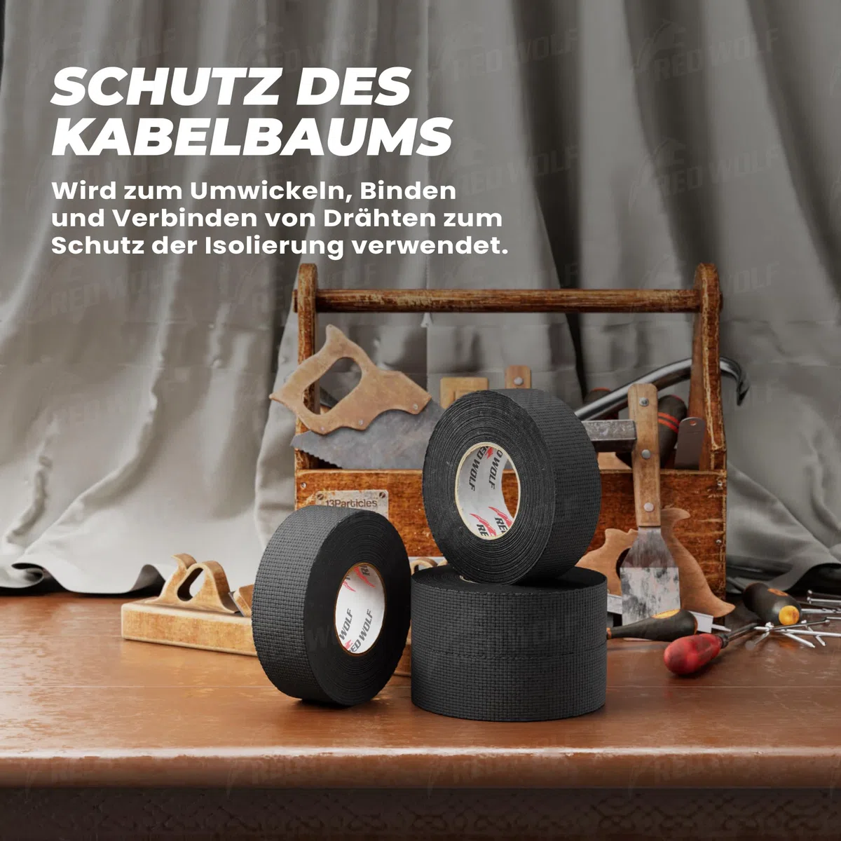 RED WOLF Isolierband Hitzebeständig Kfz Gewebeband Auto Kabel Klebeband Elektrische Kabel Stoffband Selbstklebendes Mehrzweckfilzband 15m x 25mm 5 Stück