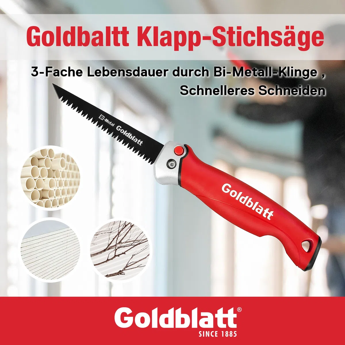Goldblatt Wandplattensäge, Klappsäge 310 mm, Handsäge, Trockenbausäge Hand-Stichsäge aus BIM-Stahl mit 8 TPI & 3 Schneidkanten, mit Sicherheitsschloss, geeignet für Trockenwand, Sperrholz