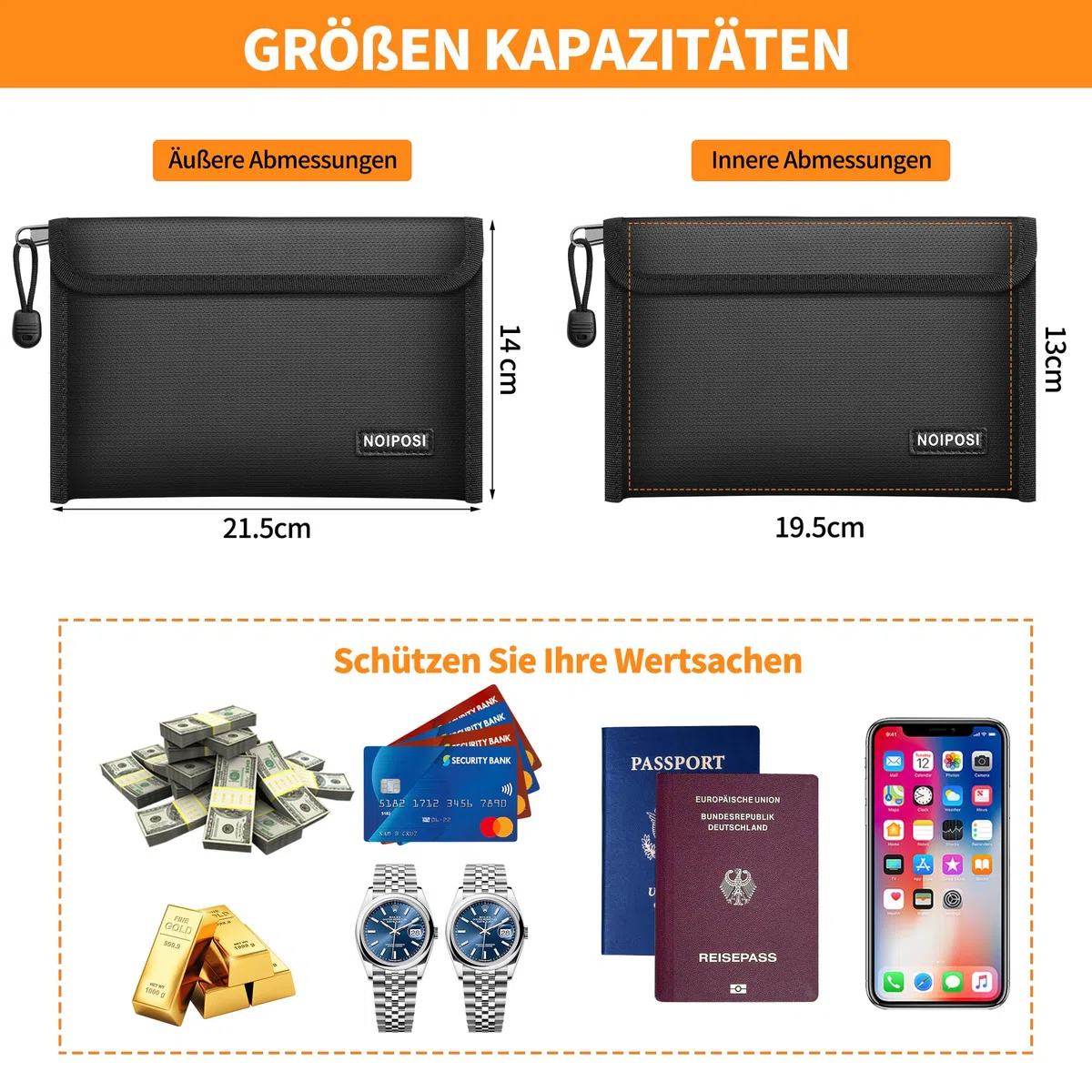 Noiposi 2er Pack Feuerfeste Tasche(21,5x14cm,5200℉), 8-lagige Wärmedämmung Feuerfeste Geldtasche mit Kartenschlitz, Kleine Bargeldbeutel mit Reißverschluss für Bargeld,Quittung,Rechnung,Reisepass