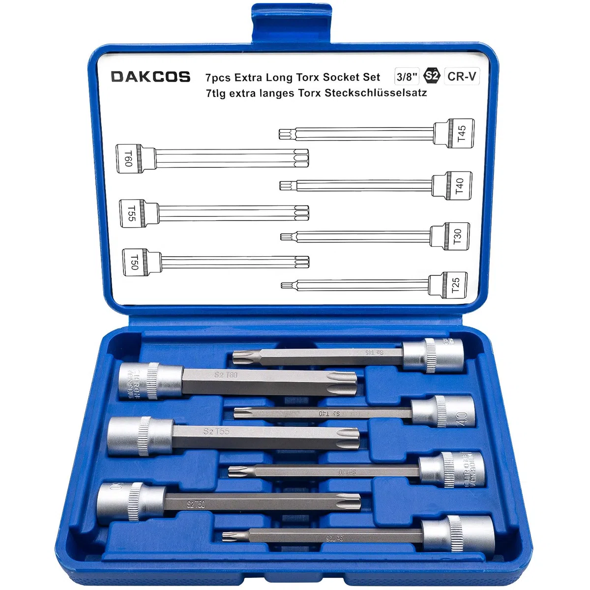 DAKCOS 7tlg langes Torx Bit Steckschlüsselsatz 3/8", Torx Bit Socket Set T25 T30 T40 T45 T50 T55 T60