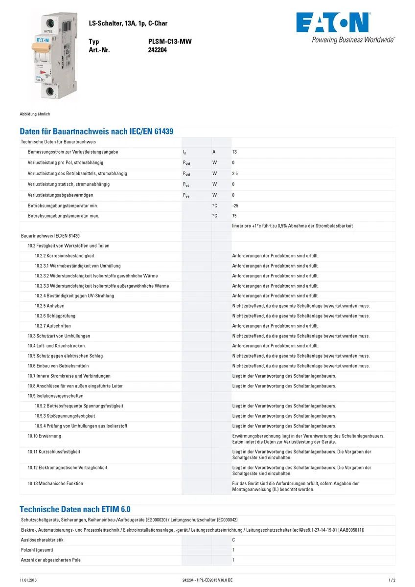 Eaton PLSM-C13-MW Leitungsschutzschalter 13A 1P 1-polig C-Charakteristik LS-Schalter (242204 alt 244732)