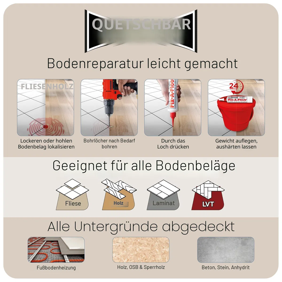 Fix-A-Floor Squeezy All-in-One Reparaturkleber für lose, hohle und knarrende Fliesen, Holz, LVT, LVP und Laminat