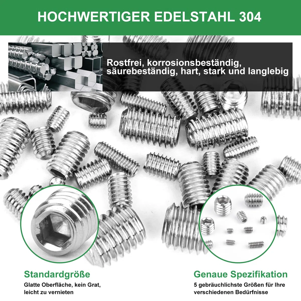 Foliv 676 Stück Madenschrauben Sortiment Set Edelstahl M3 M4 M5 M6 M8 Madenschrauben/Innensechskant Gewindestifte DIN 913,Sechskantkopf Schrauben mit Schraubenschlüssel für Türgriff, Türklinke