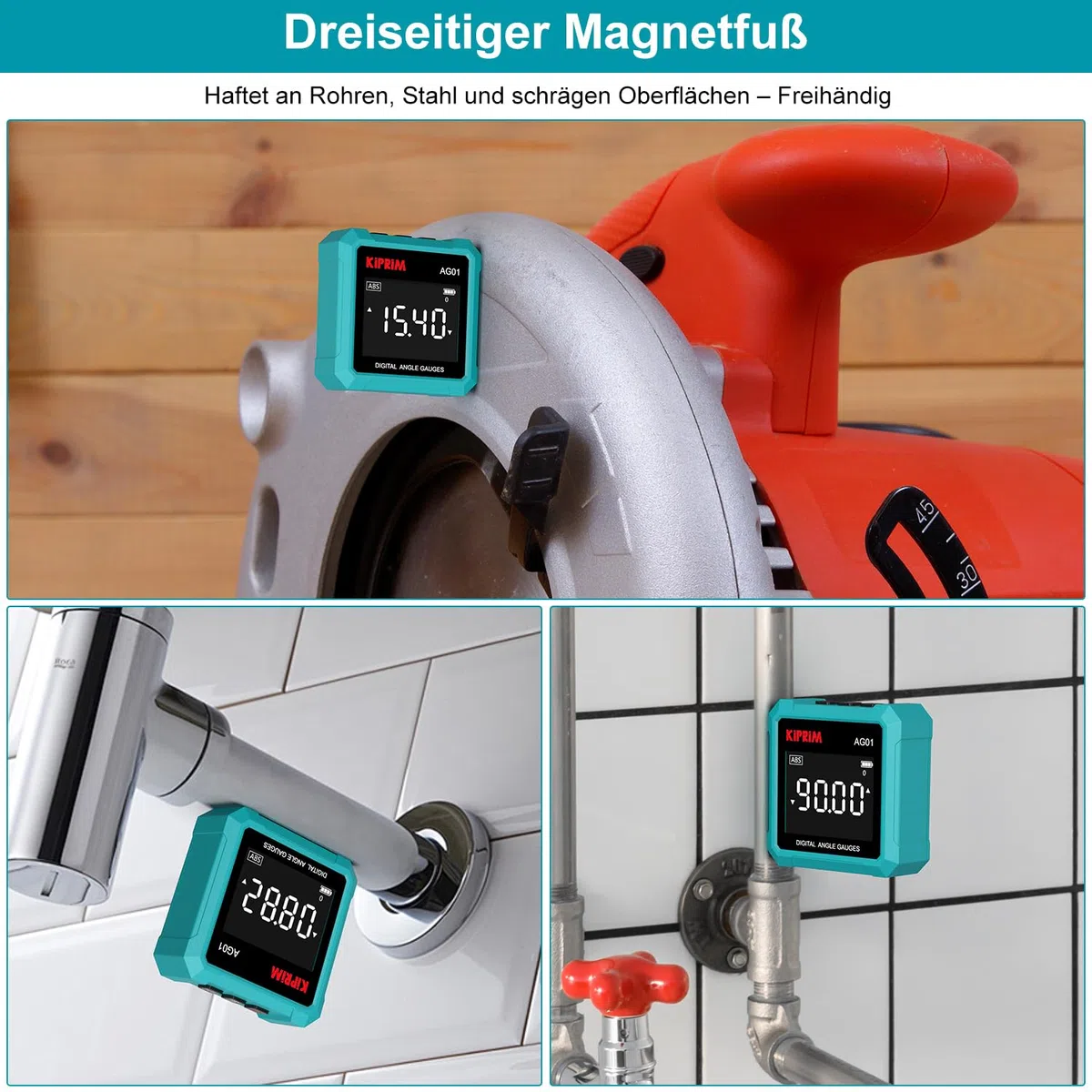 Kiprim Digitaler Neigungsmesser AG01– 3-seitiger Magnetfuß, LCD-Hintergrundbeleuchtung, Absolute & Relative Messung, Winkel-/Neigungseinheiten, ideal für Holzarbeiten, Bau & Heimwerker