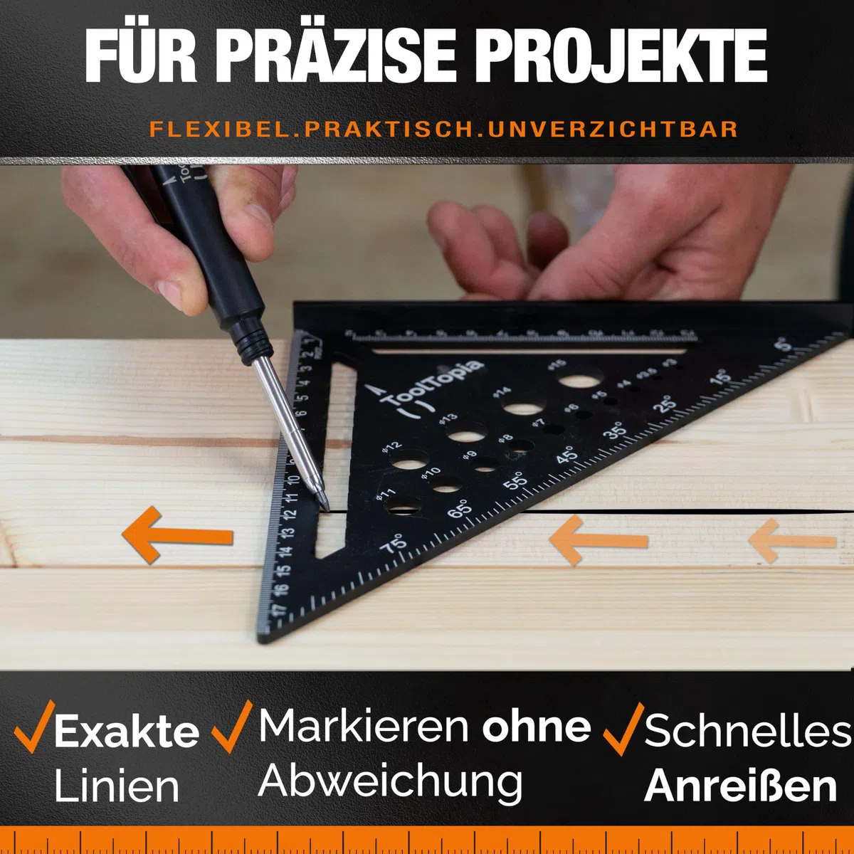Zimmermannswinkel 180mm – Präzises Anschlagwinkel Set mit Tieflochmarker, Exakter 90 Grad Tischlerwinkel als Werkzeug für Holzbearbeitung, Metall & mehr, Geschenk für Zimmerer, Schreiner & Heimwerker