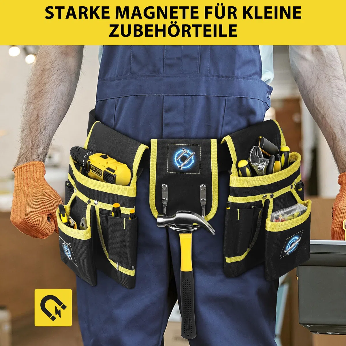 Werkzeuggürtel Herren, Abnehmbar Magnetische Werkzeugtasche mit 26 Taschen, Verstellbare Oxford-Werkzeugtasche für Handwerker, Bauarbeiter, Elektriker Und Hauswartung