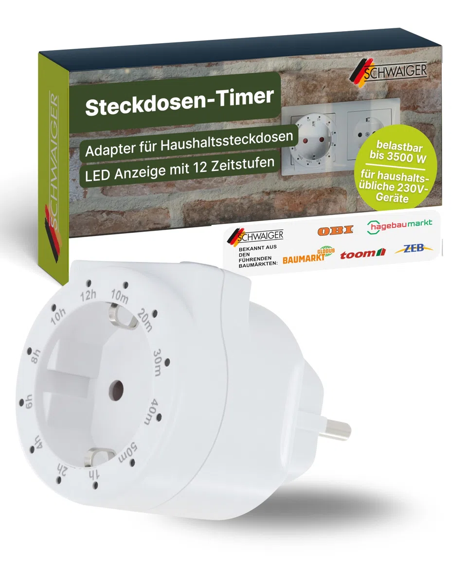 SCHWAIGER Steckdosen-Timer I Steckdosenadapter mit Zeitschaltuhr zur automatischen Abschaltung I mit 12 Zeitstufen I Countdown Zwischenstecker für Haushaltssteckdosen I Zeitschalter-Steckdose