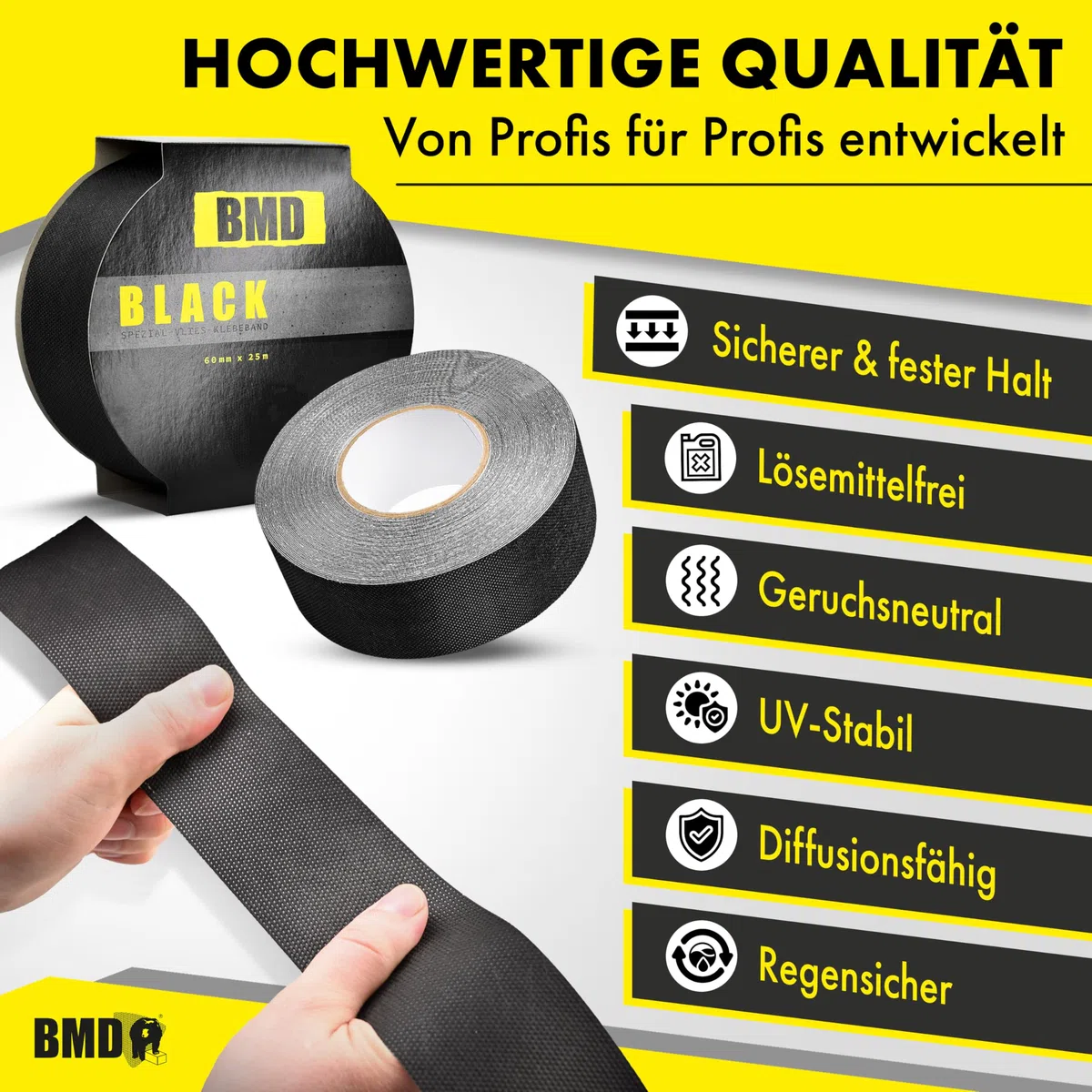 BMD Black Klebeband | 60mm x 25m | UV-Beständig | schwarz | für Unterspannbahn & Fassadenbahnen | Profiqualität Made in Germany